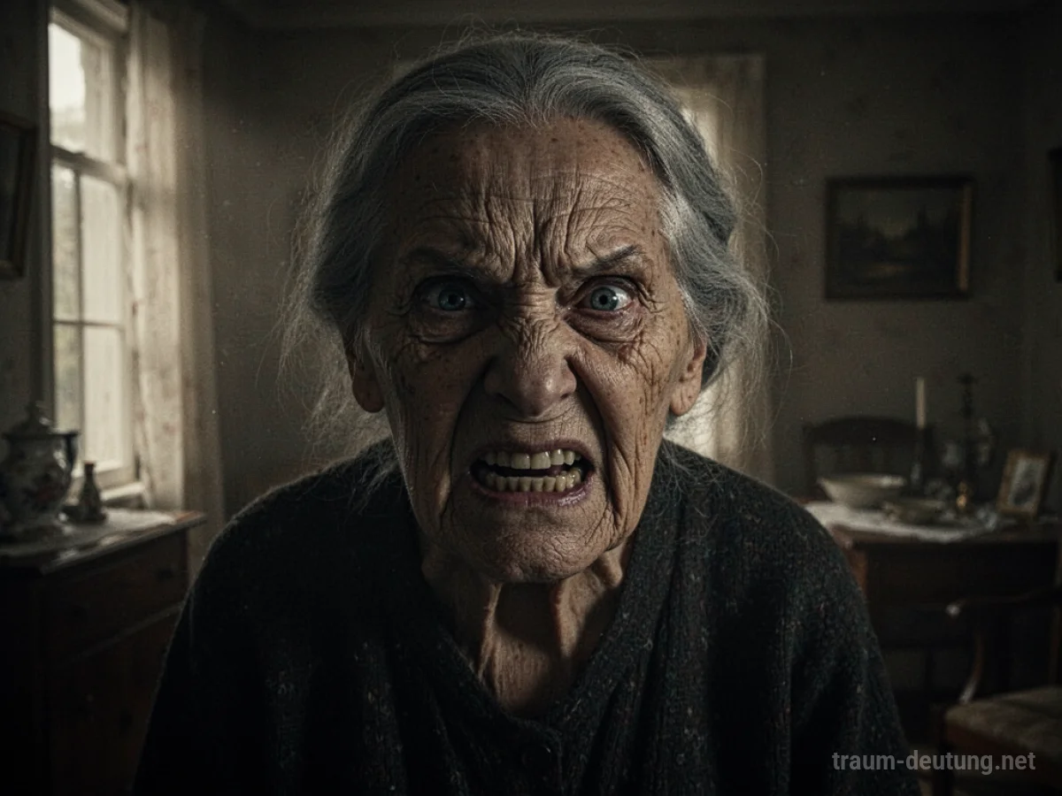 Gesicht einer bösen Oma im Schatten