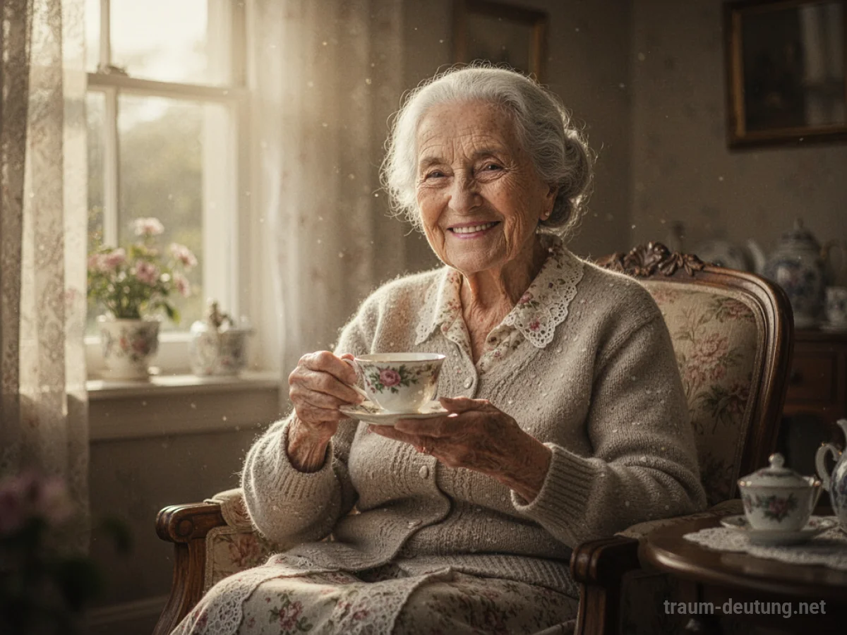Fröhliche Oma sitzt lächelnd in einem sonnigen Raum mit einer Teetasse.
