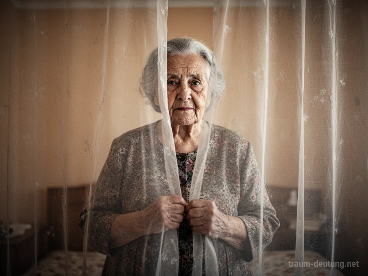 Oma steht verhüllt hinter einem zarten Vorhang im Traum