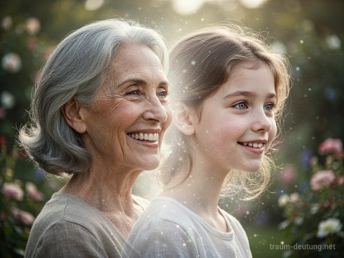 Junge und alte Oma nebeneinander, die junge Oma strahlt Lebensfreude aus.