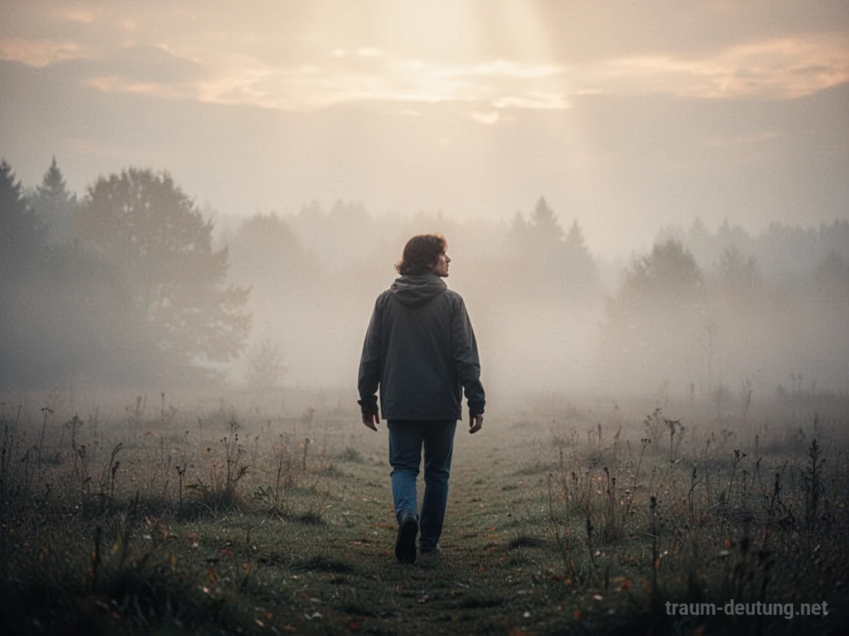 Suchende Person in nebliger Landschaft, die nach Oma sucht
