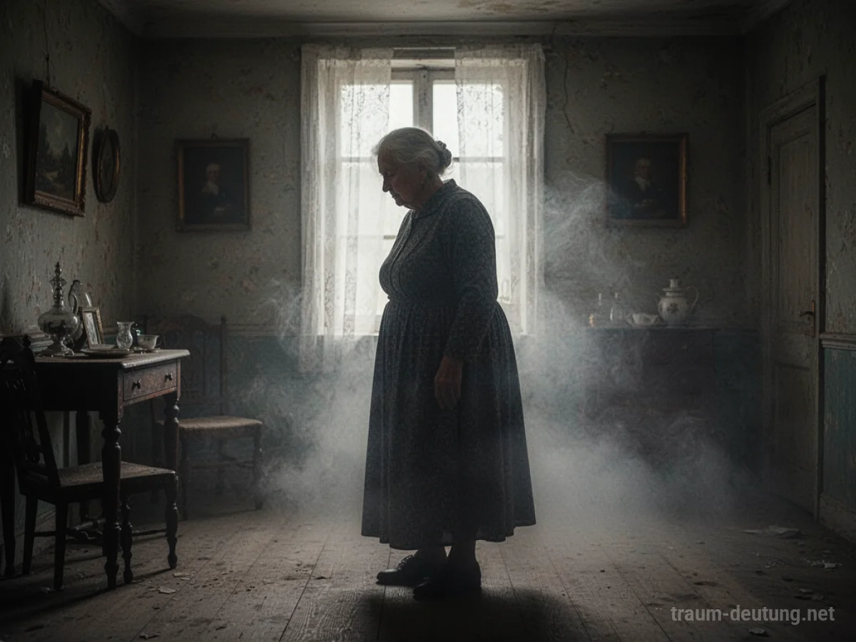 Silhouette einer alten Frau verblasst in Nebel in einem alten Zimmer