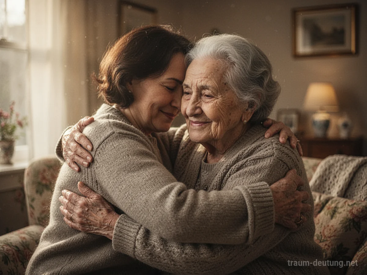 Eine Person umarmt ihre Oma in einer warmen, liebevollen Geste.