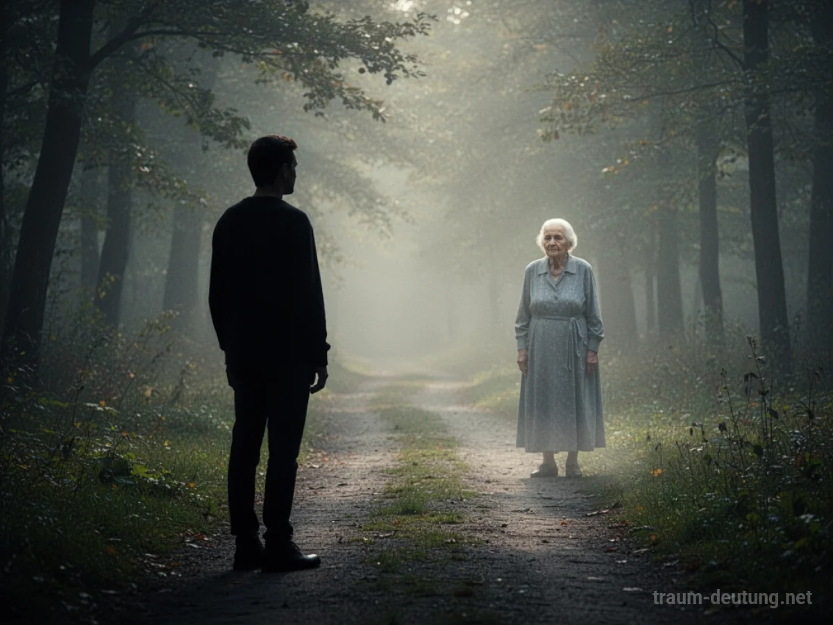 Silhouetten einer Person, die einer weggehenden Oma nachsieht