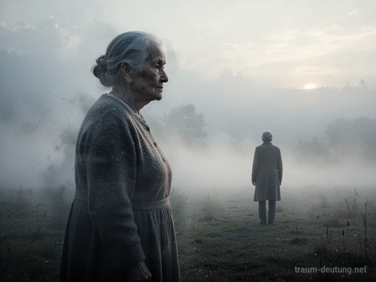 Silhouette einer Oma, die im Nebel verschwindet, betrachtet von einer Person.
