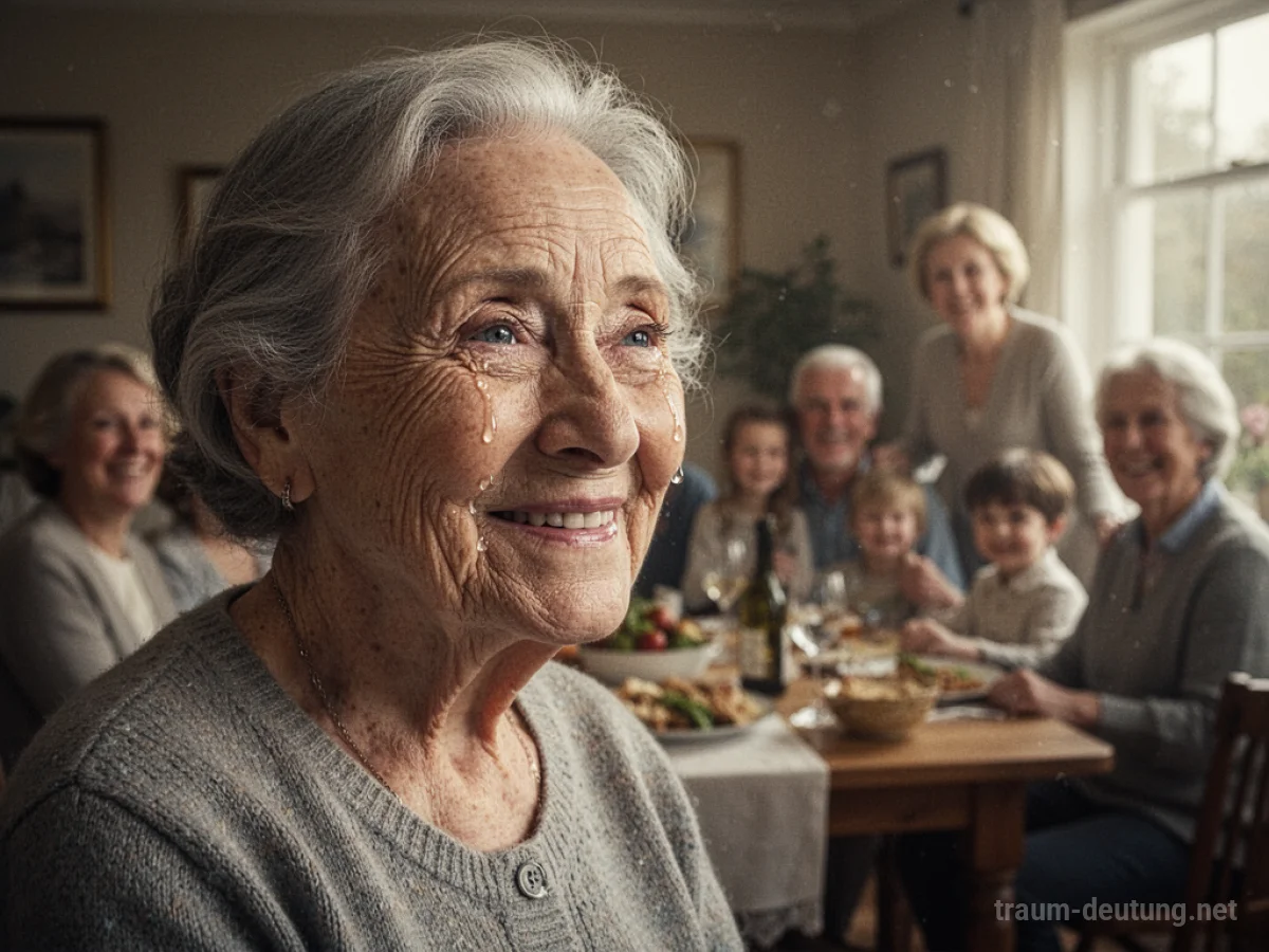 Eine weinende Oma vor Freude mit einem warmen Lächeln im Gesicht.