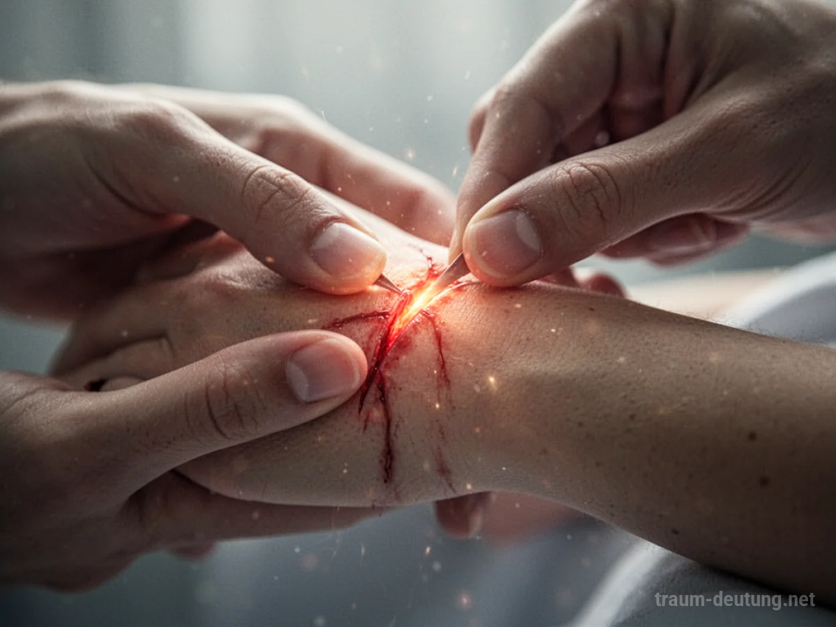 Symbolische Darstellung einer Operation an einer Hand im Traum, die Heilung und Veränderung symbolisiert.