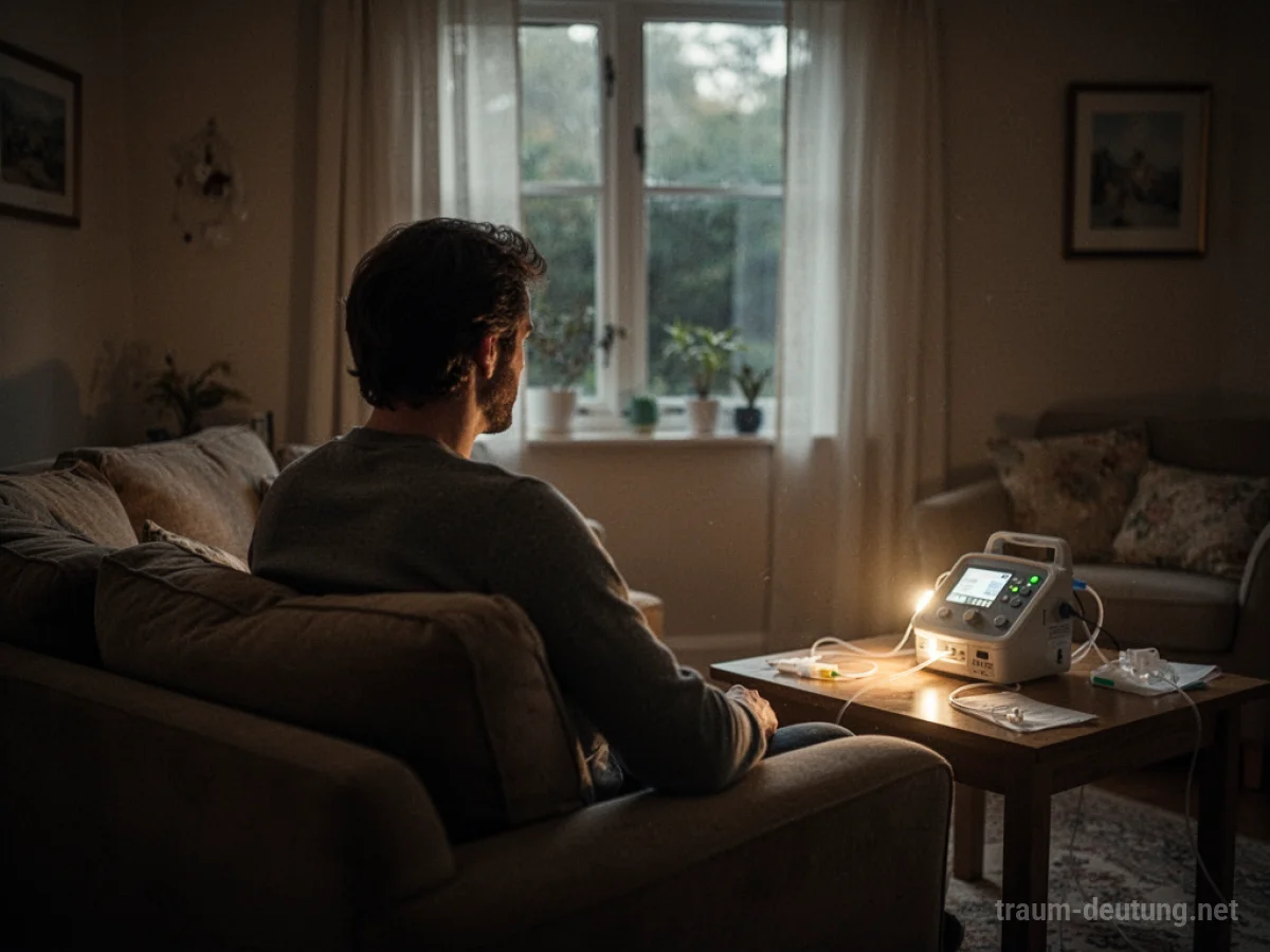 Eine Person sitzt allein in einem Wohnzimmer und blickt aus dem Fenster, während ein medizinisches Symbol sanft leuchtet.