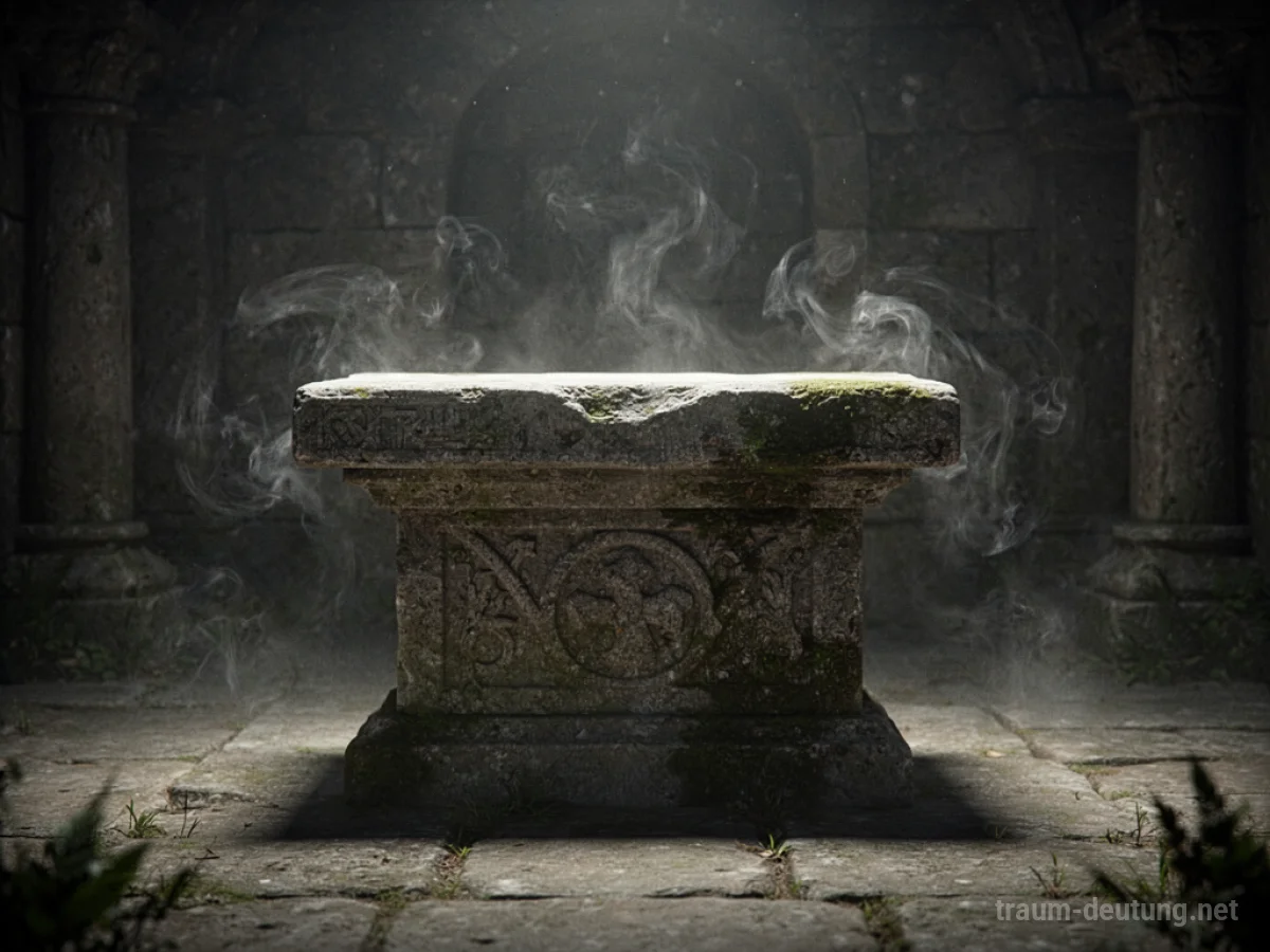Ein mystischer Steinaltar im Nebel, der ein Opferritual andeutet.