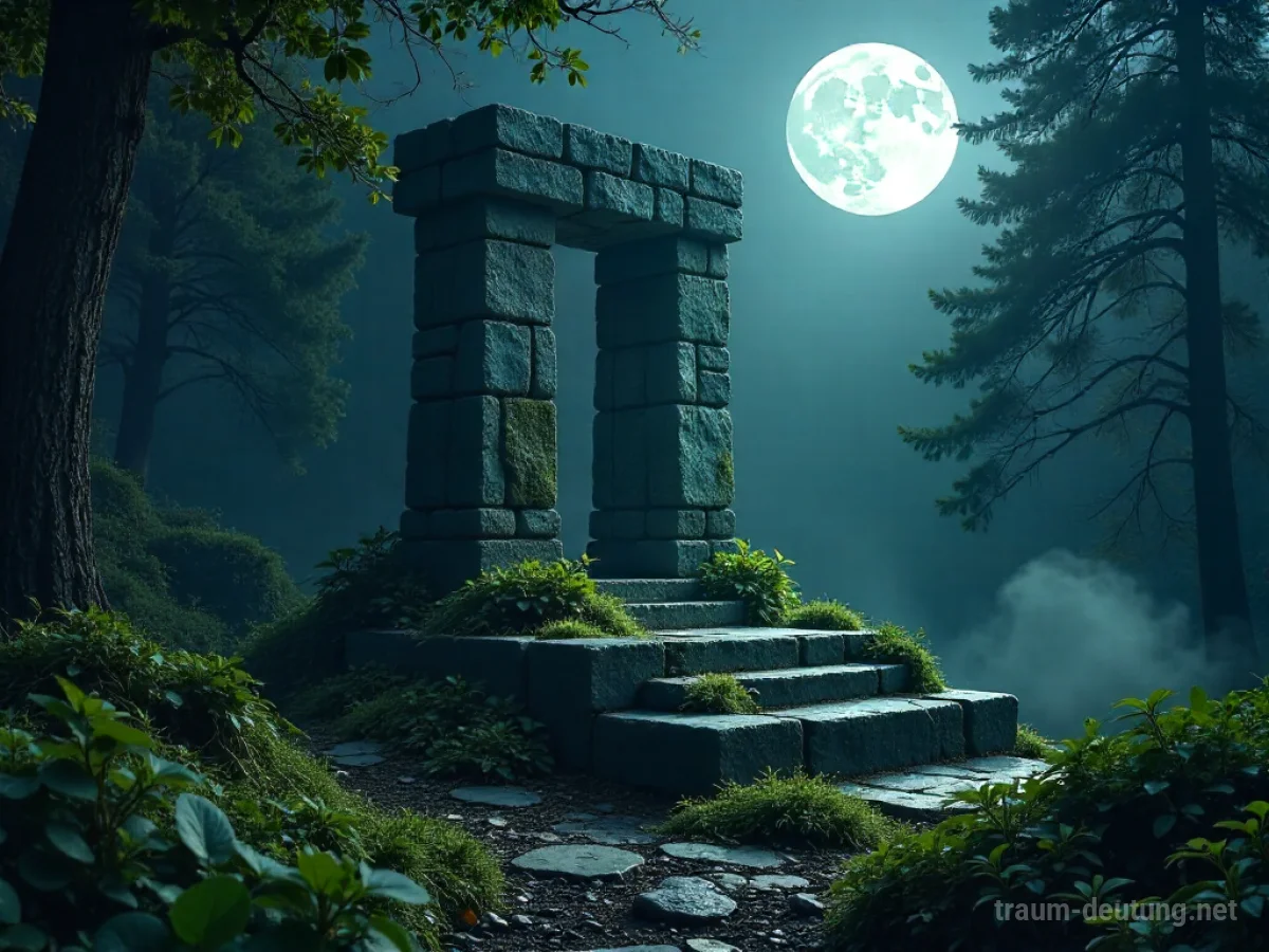 Eine alte Steinaltar-Opferstätte in einem nebligen Wald bei Mondlicht.