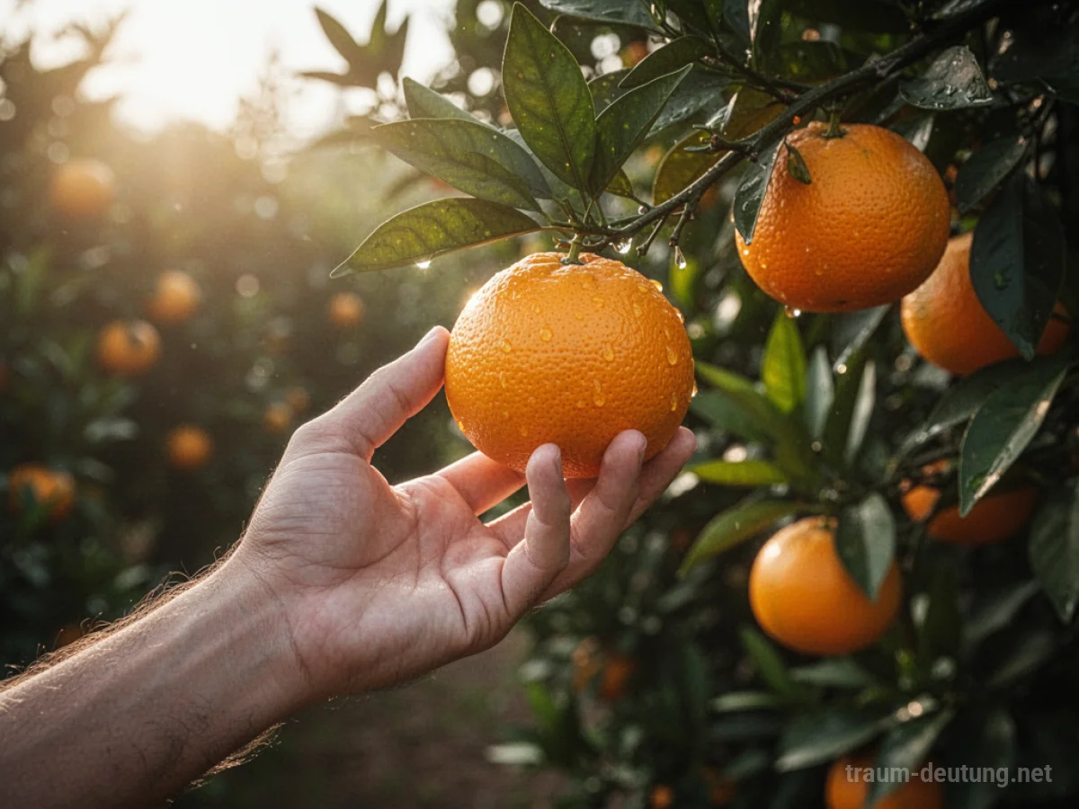Eine Hand greift nach einer saftigen Orange an einem Ast.