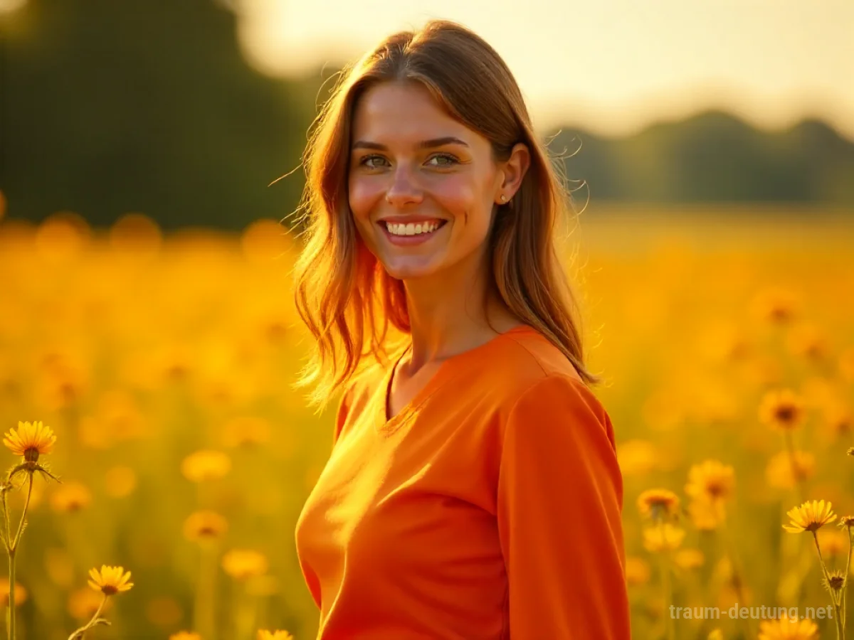 Person in leuchtend orangefarbener Kleidung steht in einer sonnigen Wiese.