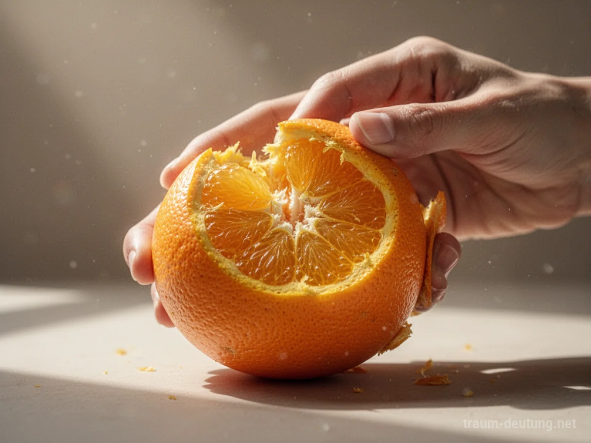 Eine Hand schält eine reife Orange, die saftigen Segmente werden sichtbar.