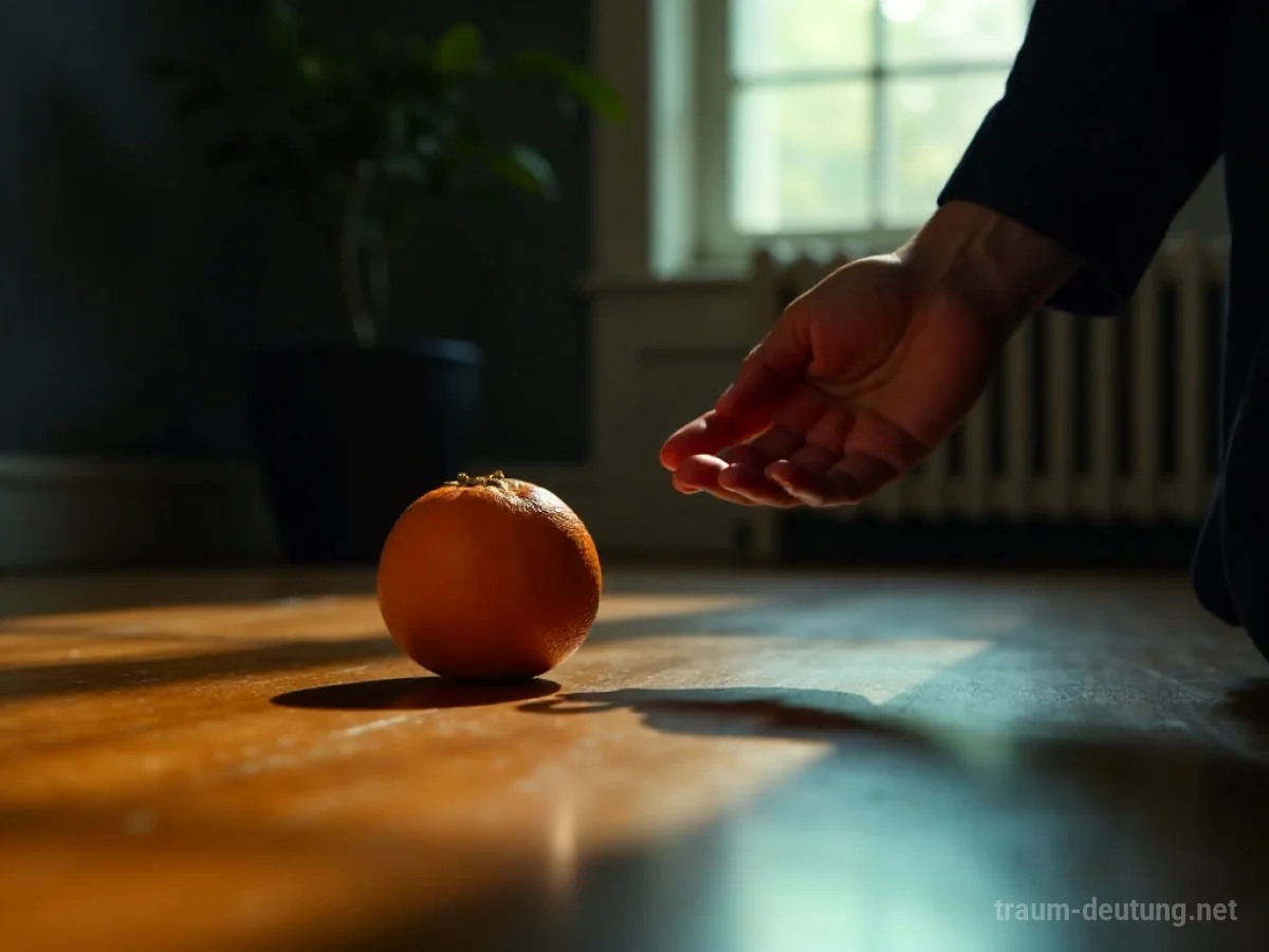 Eine einzelne Orange, die aus einer Hand rollt und in der Dunkelheit verschwindet.