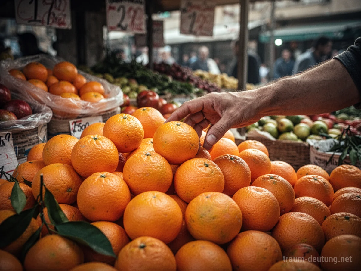 Hand greift nach frischen Orangen auf einem Marktstand