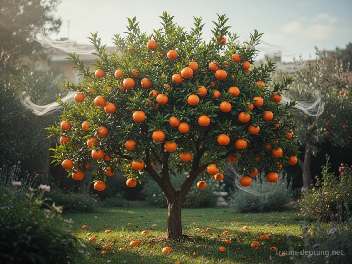Ein blühender Orangenbaum mit reifen Früchten im Sonnenschein.