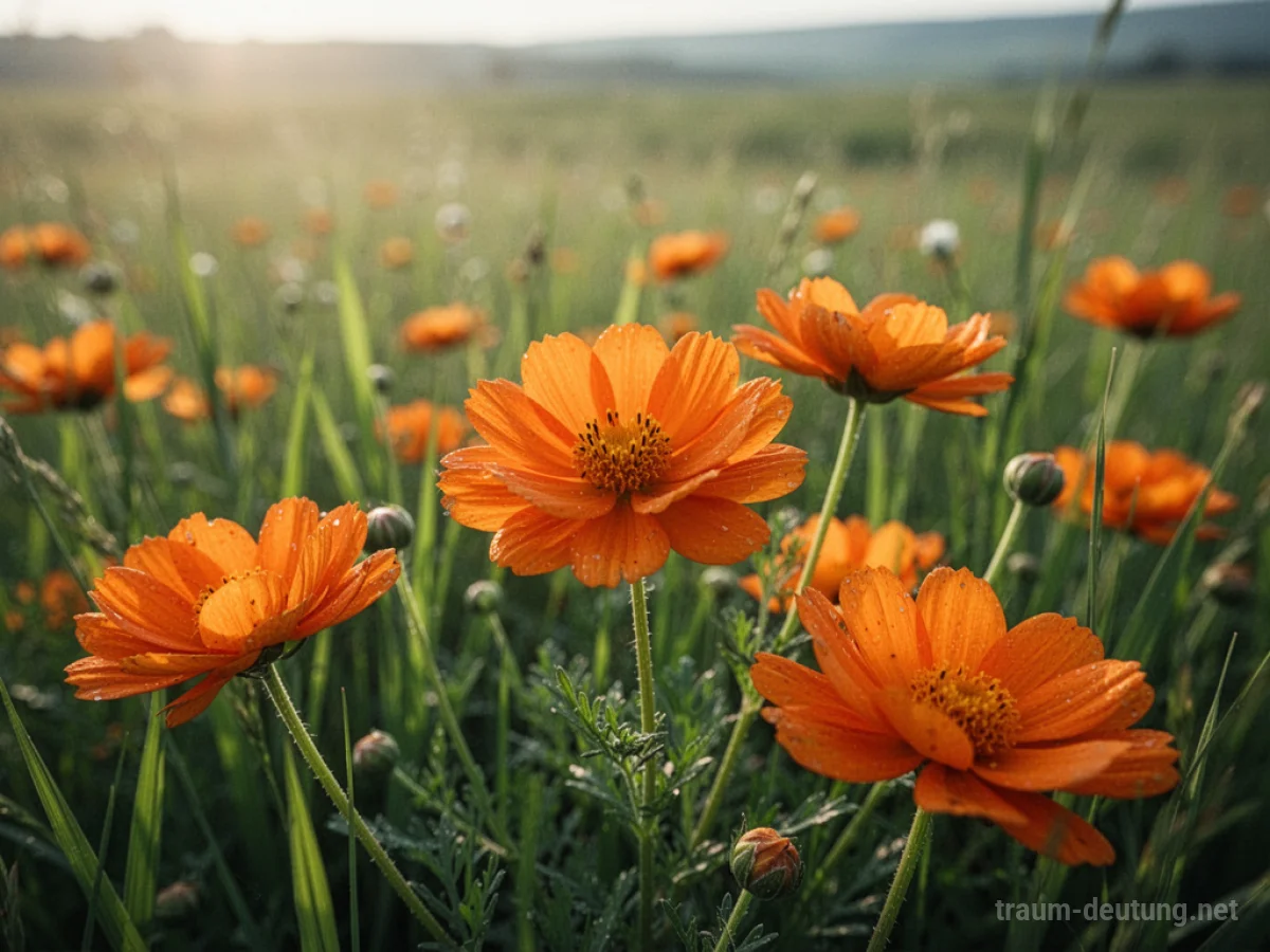 Leuchtend orangefarbene Blumen, die in einem sonnigen Feld wachsen.