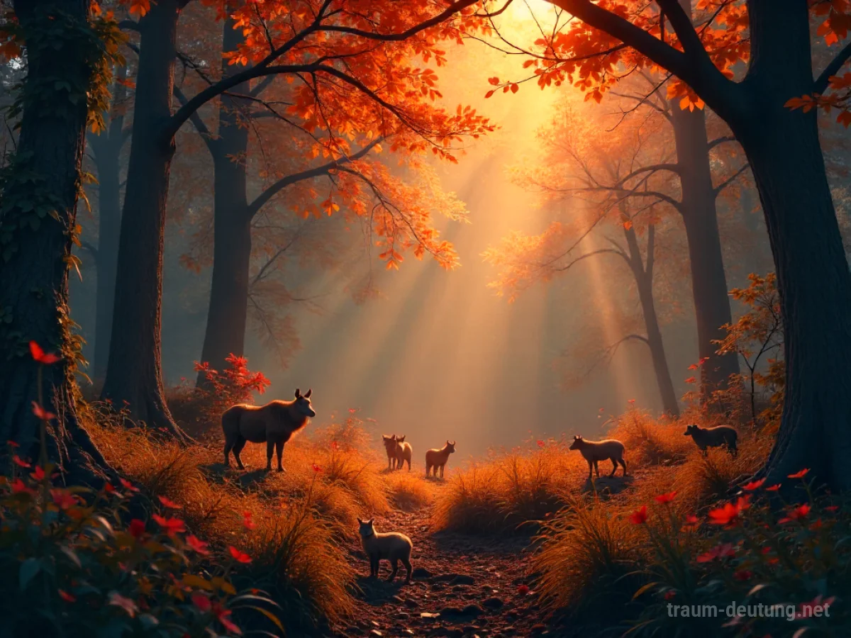 Verschiedene Tiere in leuchtendem Orange in einem verwunschenen Wald.