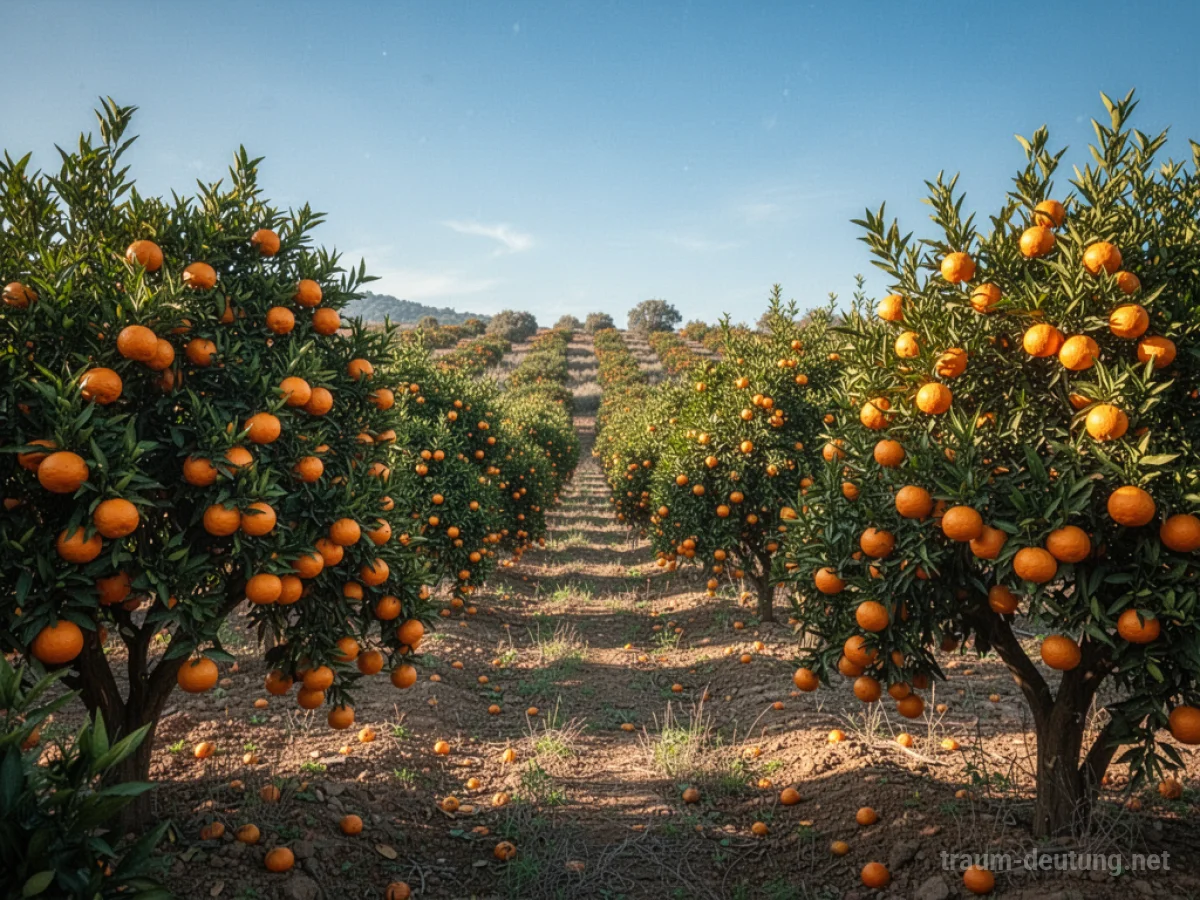 Ein weites Orangenfeld voller reifer Früchte unter blauem Himmel.