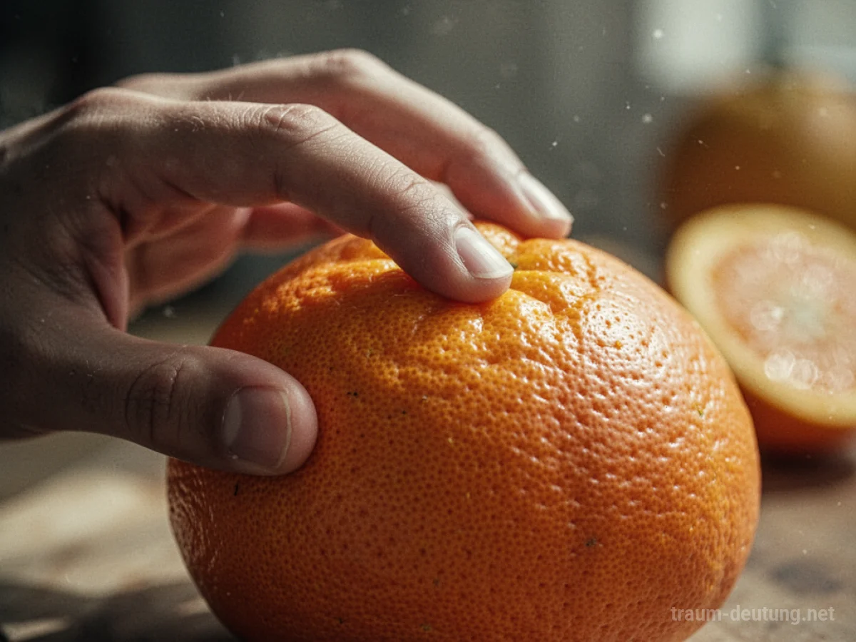 Hand berührt die raue Oberfläche einer Orangenschale