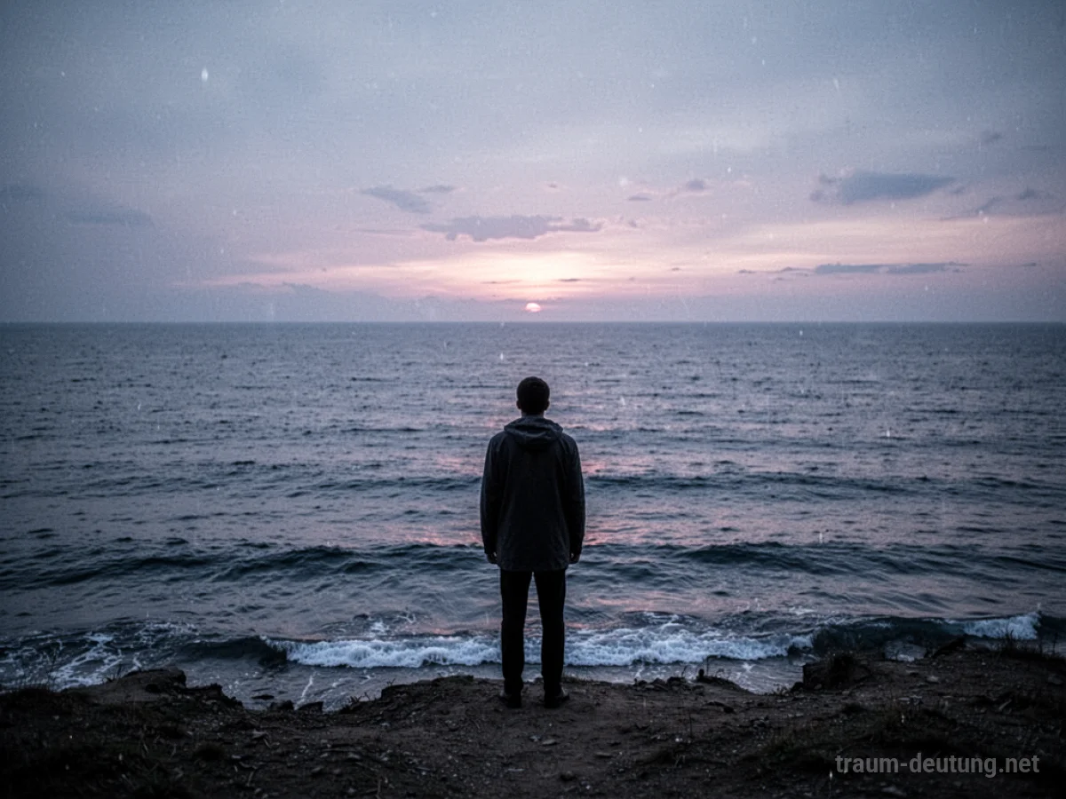 Einzelne Person steht am Meer bei Dämmerung und blickt nachdenklich auf den Horizont.