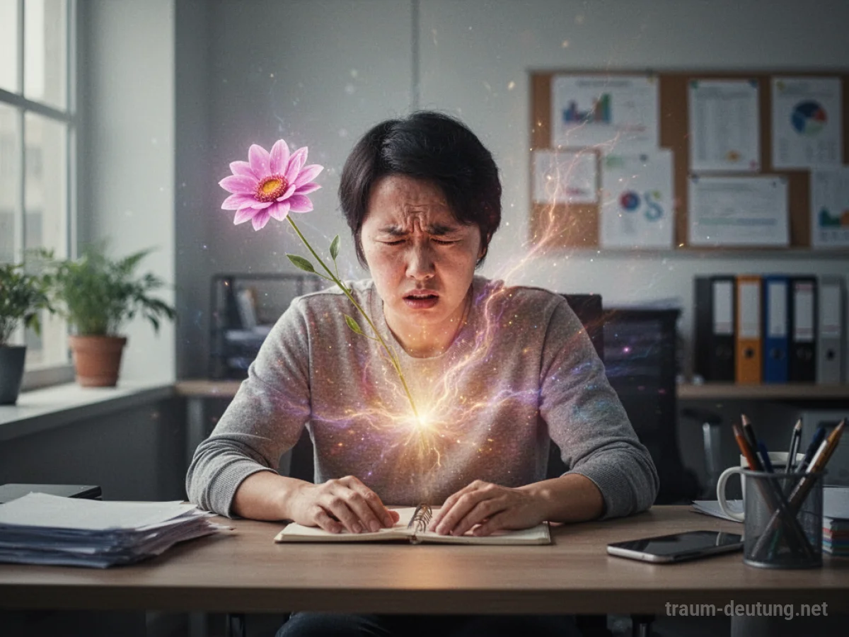 Symbolische Darstellung eines Orgasmus bei der Arbeit im Traum, mit einer Person im Büro und aufblühender Energie.