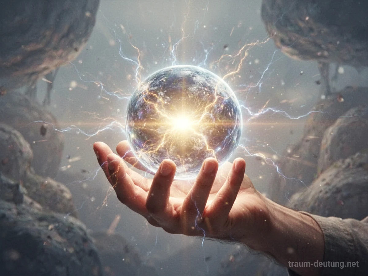 Eine Hand hält eine leuchtende Kugel, Symbol für intensive Energie.
