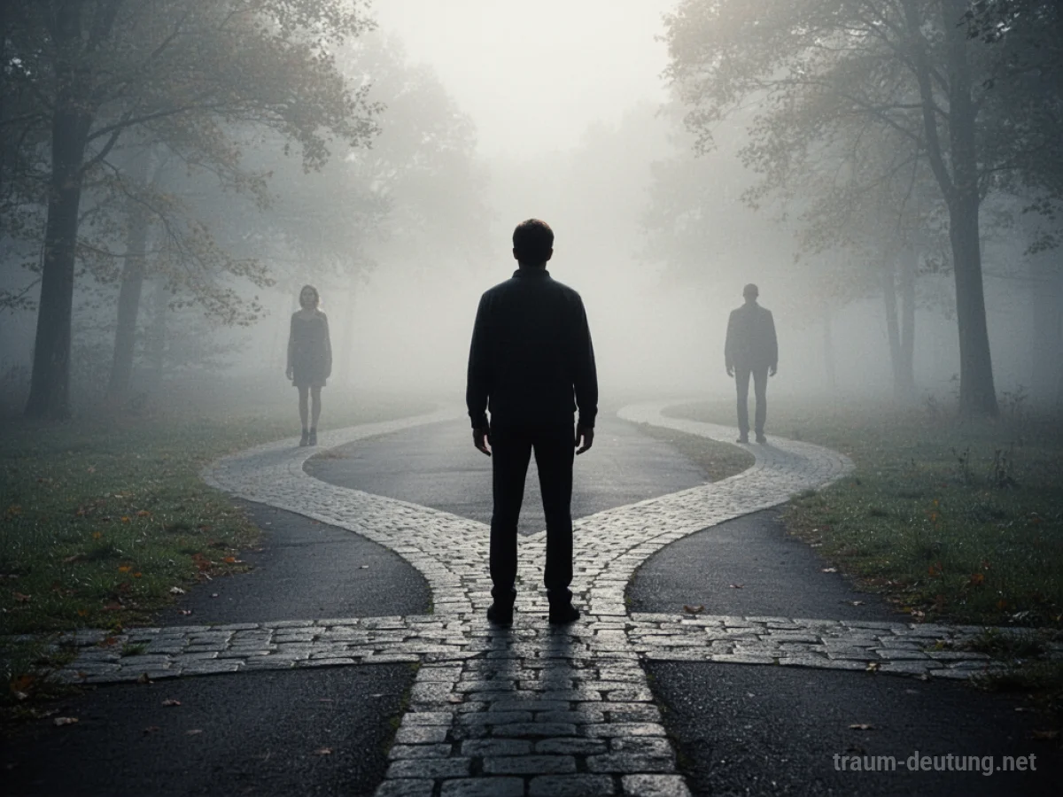 Silhouette einer Person an einer Weggabelung mit einer Spur zurück zu einer anderen Silhouette