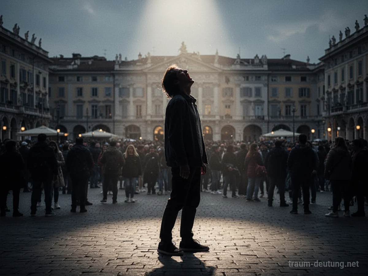 Silhouette einer Person, die in einer belebten öffentlichen Szene einen Moment intensiver Emotion erlebt.