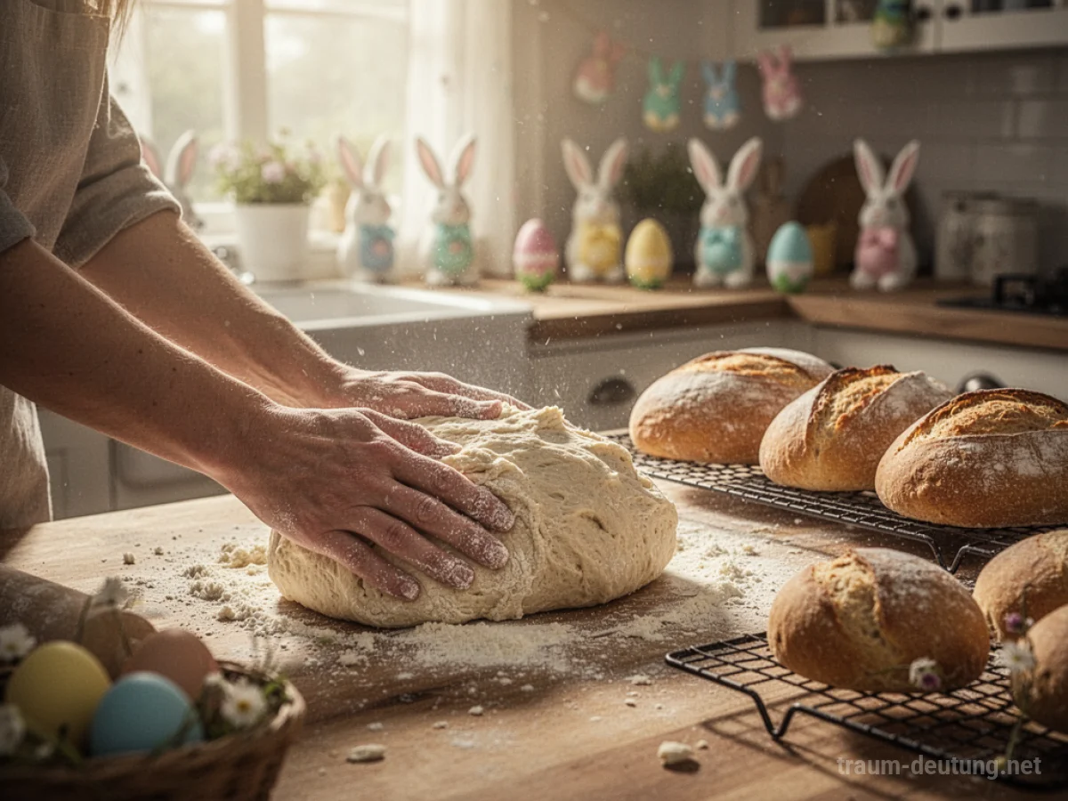 Hände kneten Teig für Osterbrot in einer hellen Küche.