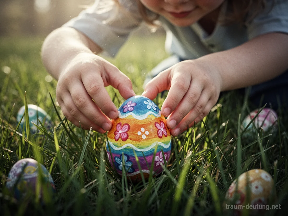 Bunte Ostereier werden im Gras gesucht.