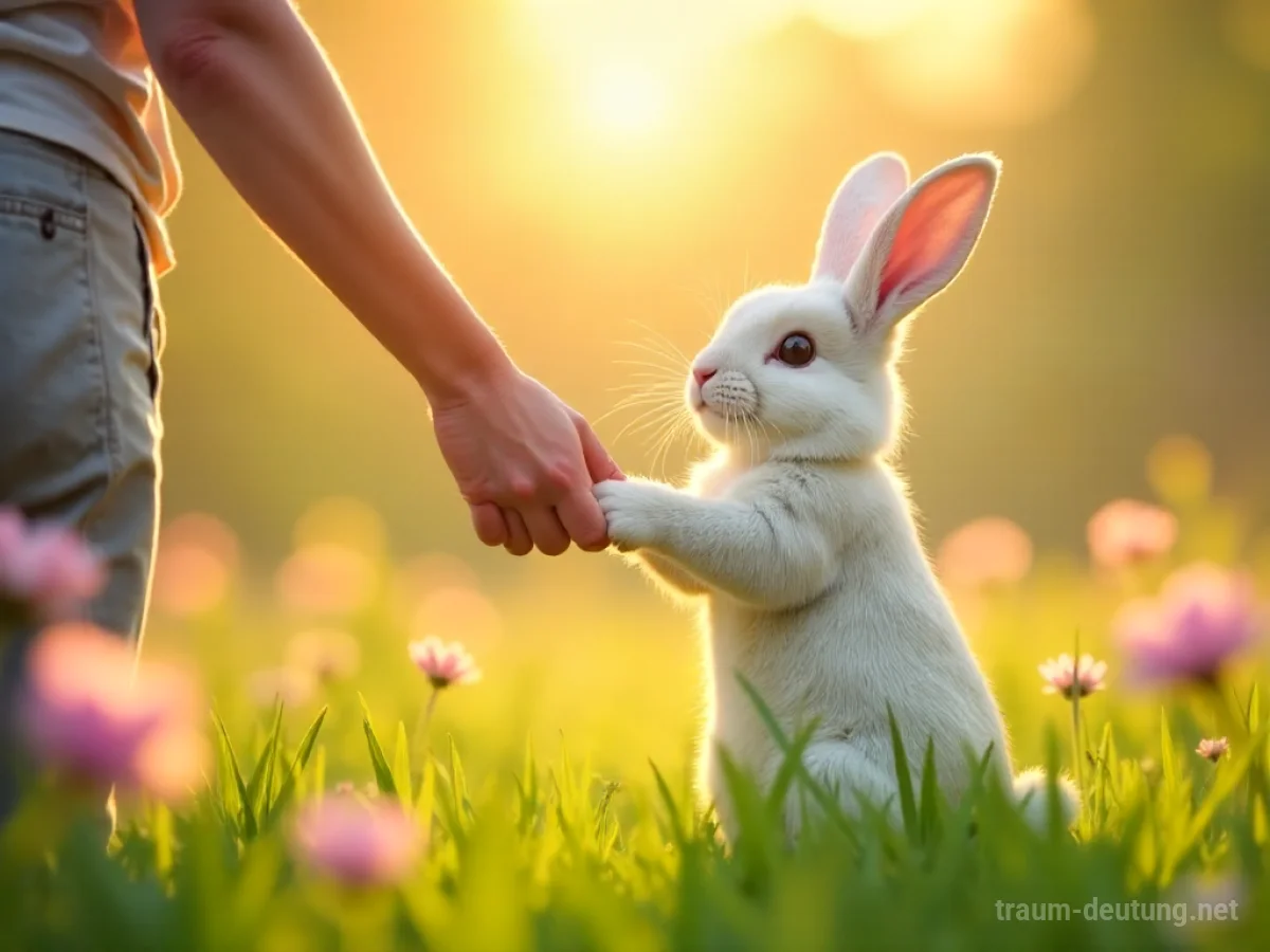 Ein freundlicher Osterhase zieht eine Person sanft an der Hand in eine sonnige Wiese.