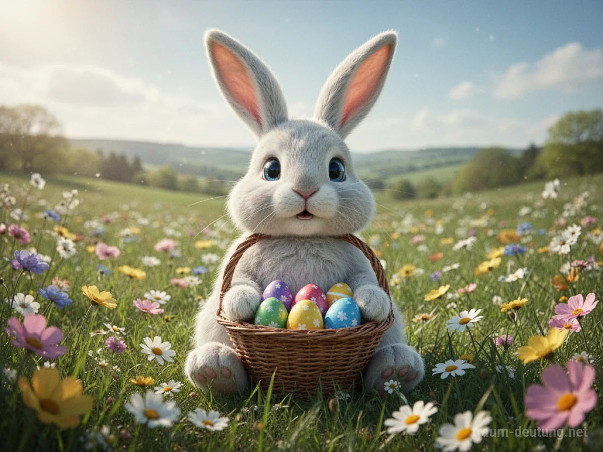 Ein freundlicher Osterhase mit einem Korb voller bunter Eier sitzt in einer sonnigen Frühlingswiese.