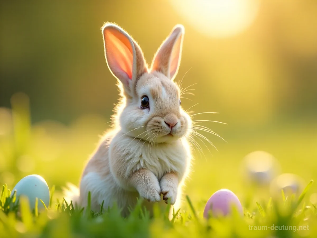 Ein Osterhase mit freundlichem Blick spricht zu einer Person in einer Frühlingswiese.