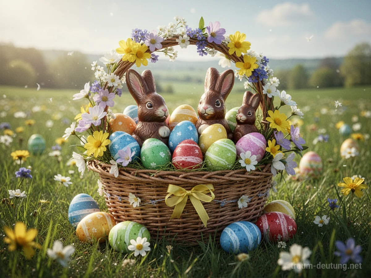 Ein reich gefüllter Osterkorb mit bunten Eiern und Süßigkeiten.