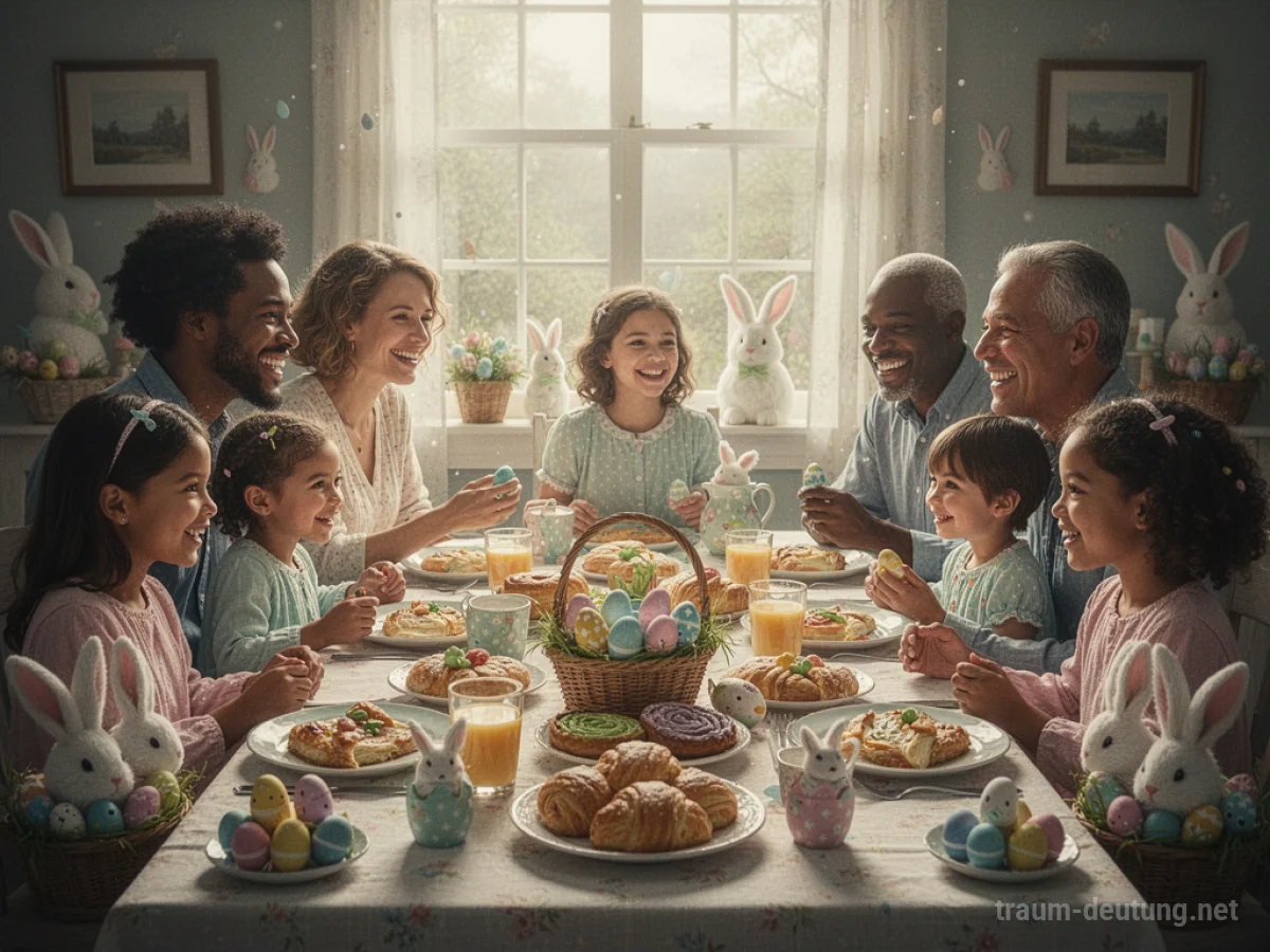 Familie feiert Ostern gemeinsam an einem Tisch