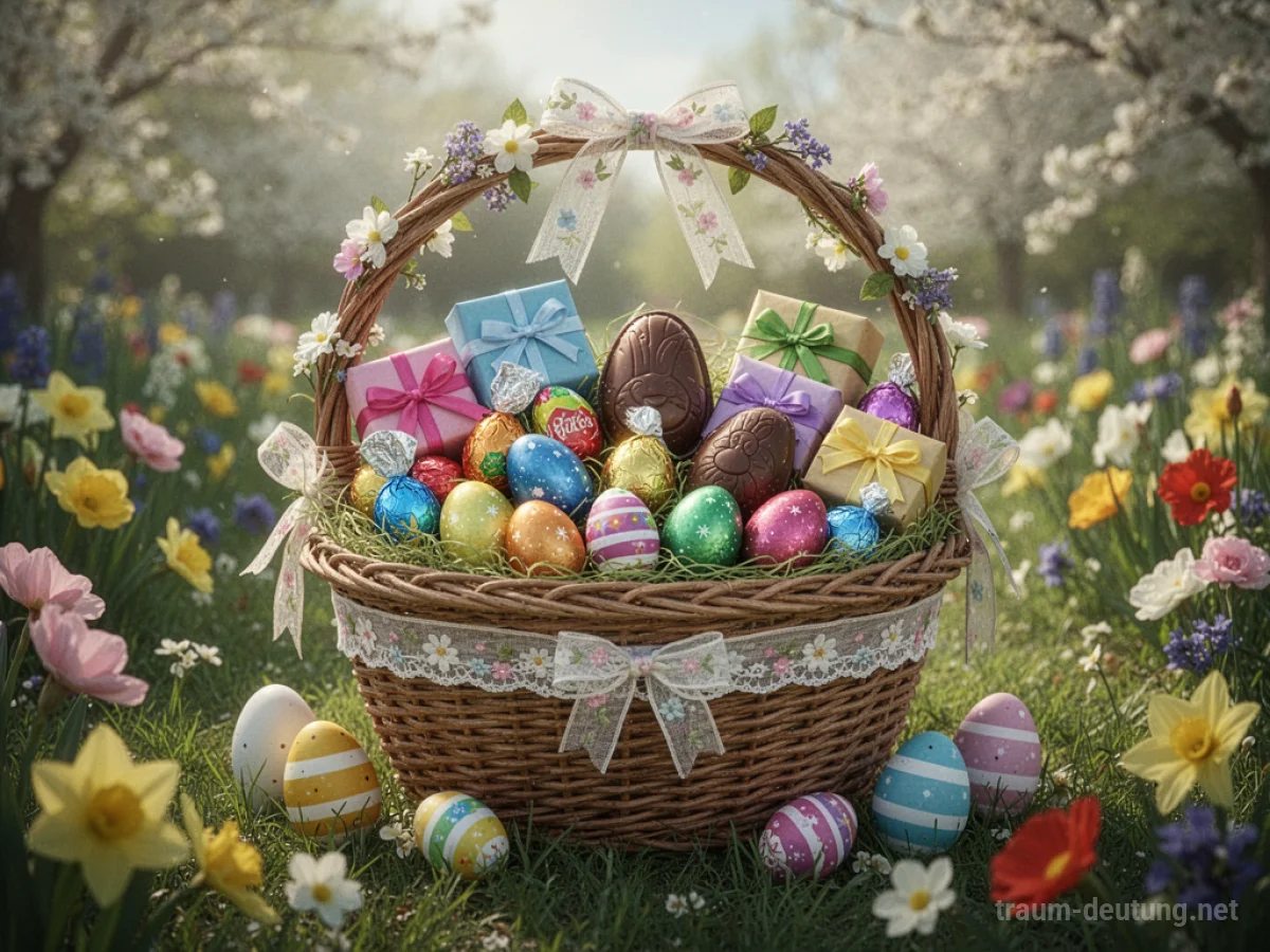 Ein üppig gefülltes Osternest mit bunten Ostereiern und kleinen Geschenken.