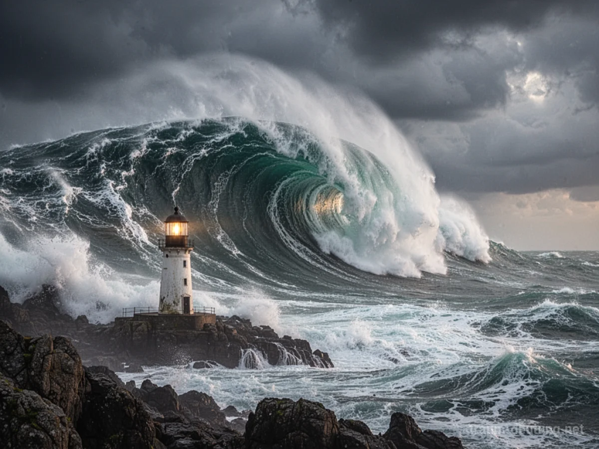 Eine riesige Ozeanflut bricht sich an einer felsigen Küste nahe einem Leuchtturm.
