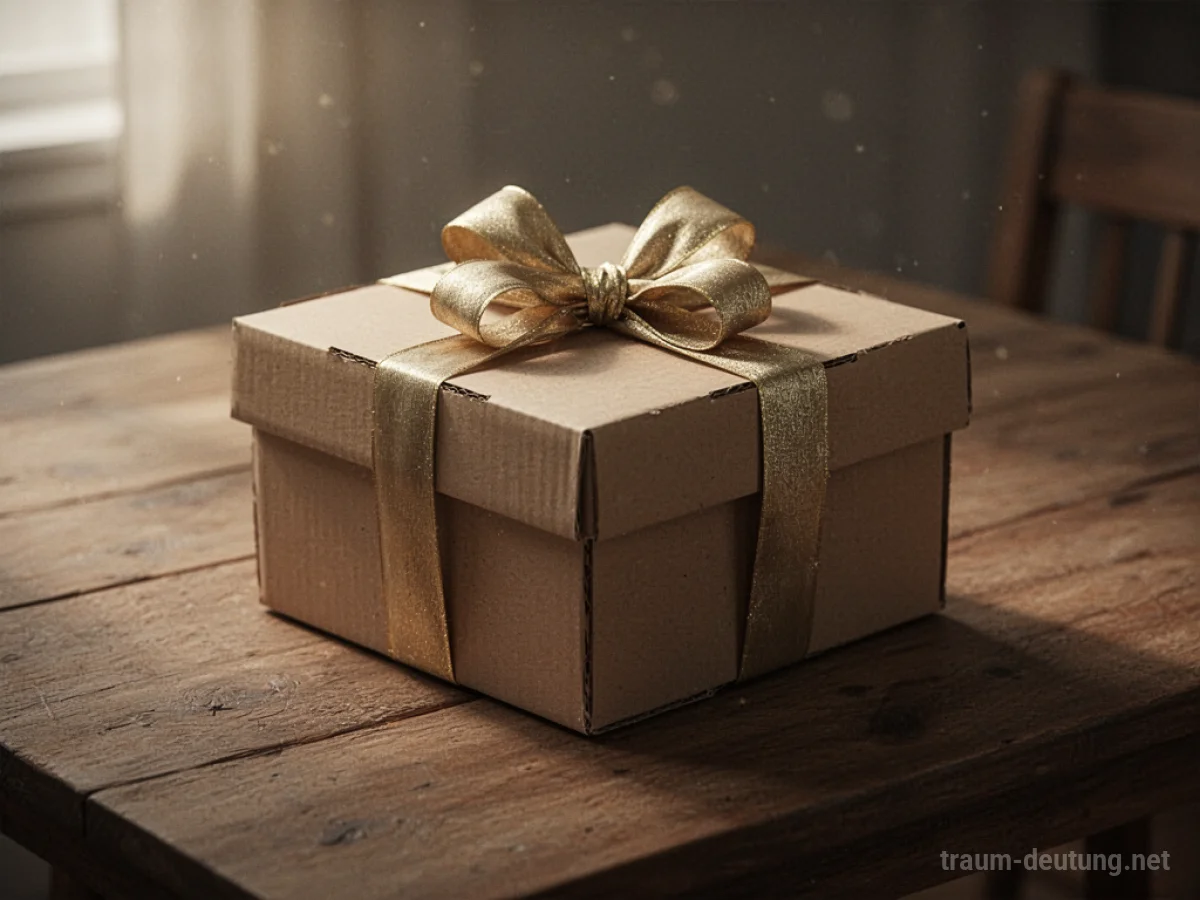 Geschlossenes Paket mit Schleife auf einem Holztisch