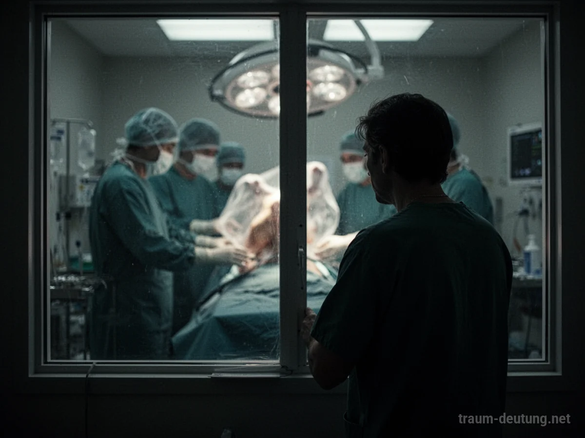 Schattenhafte Figuren führen eine Operation an einem unscharfen Objekt durch, während eine Silhouette zusieht.
