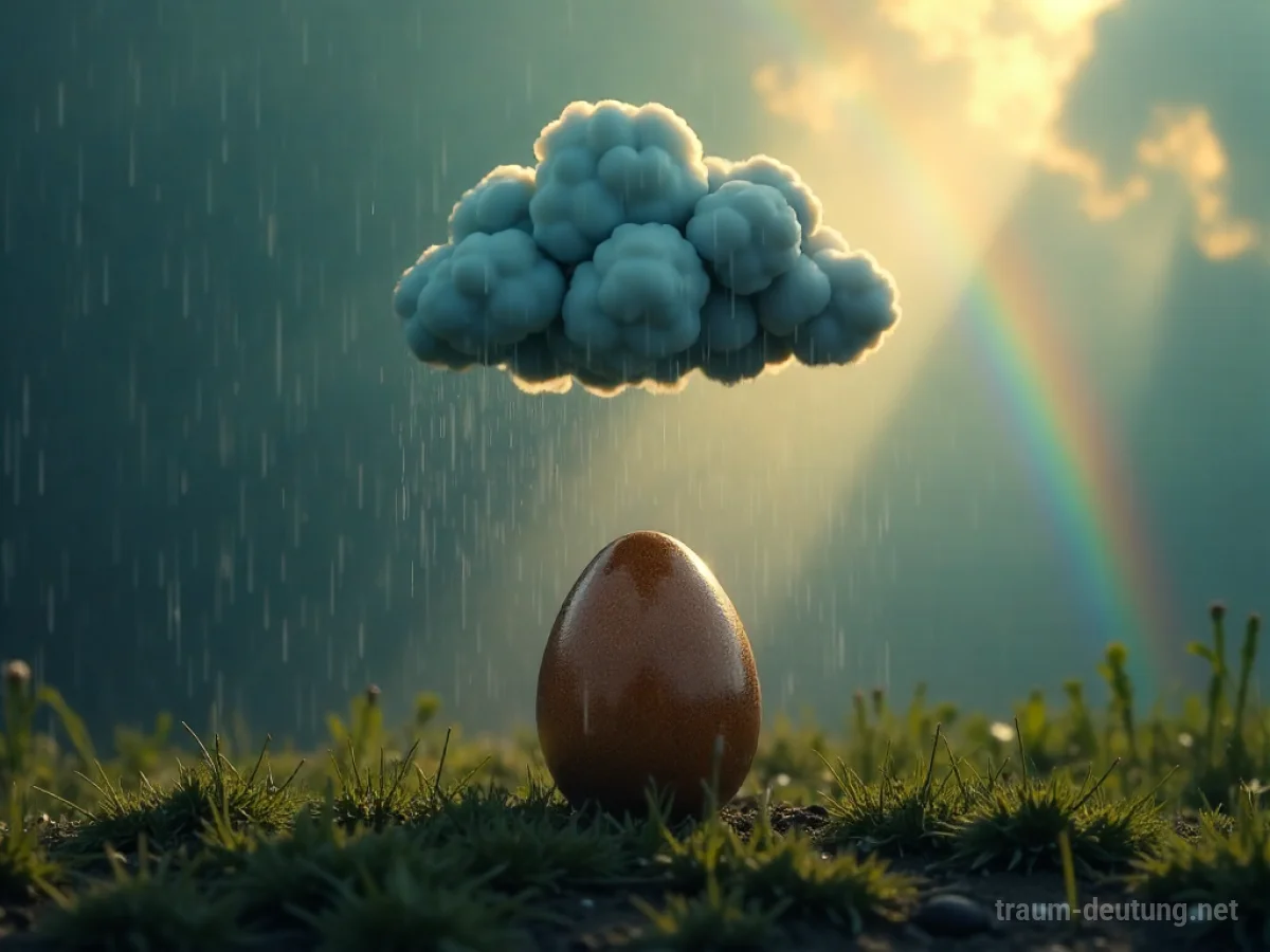 Dunkle Regenwolke über einem bunten Osterei, schwacher Regenbogen am Himmel.