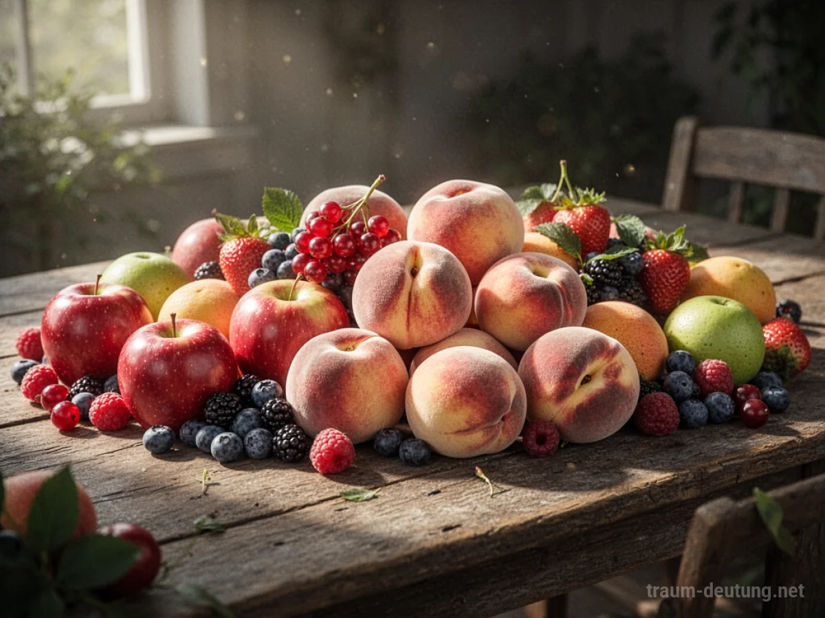Buntes Arrangement aus reifem Obst auf einem Holztisch im Sonnenlicht.