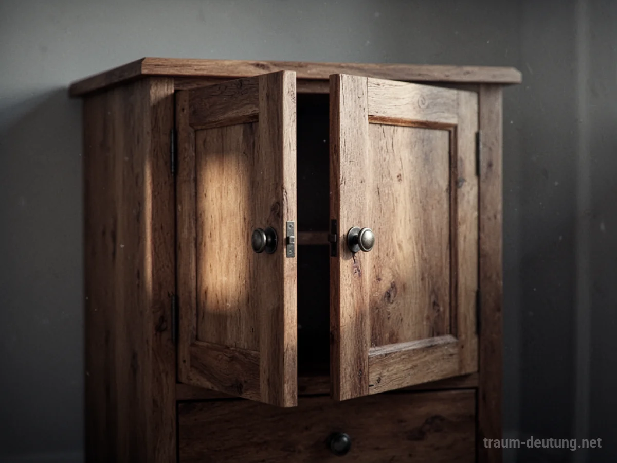Ein leicht geöffneter Holzschrank mit dunklem Inneren