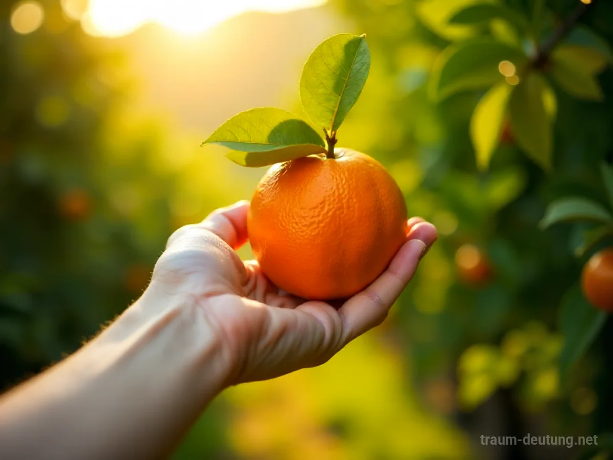 Eine Hand greift nach einer saftigen, reifen Orange auf einem sonnenbeschienenen Baum.
