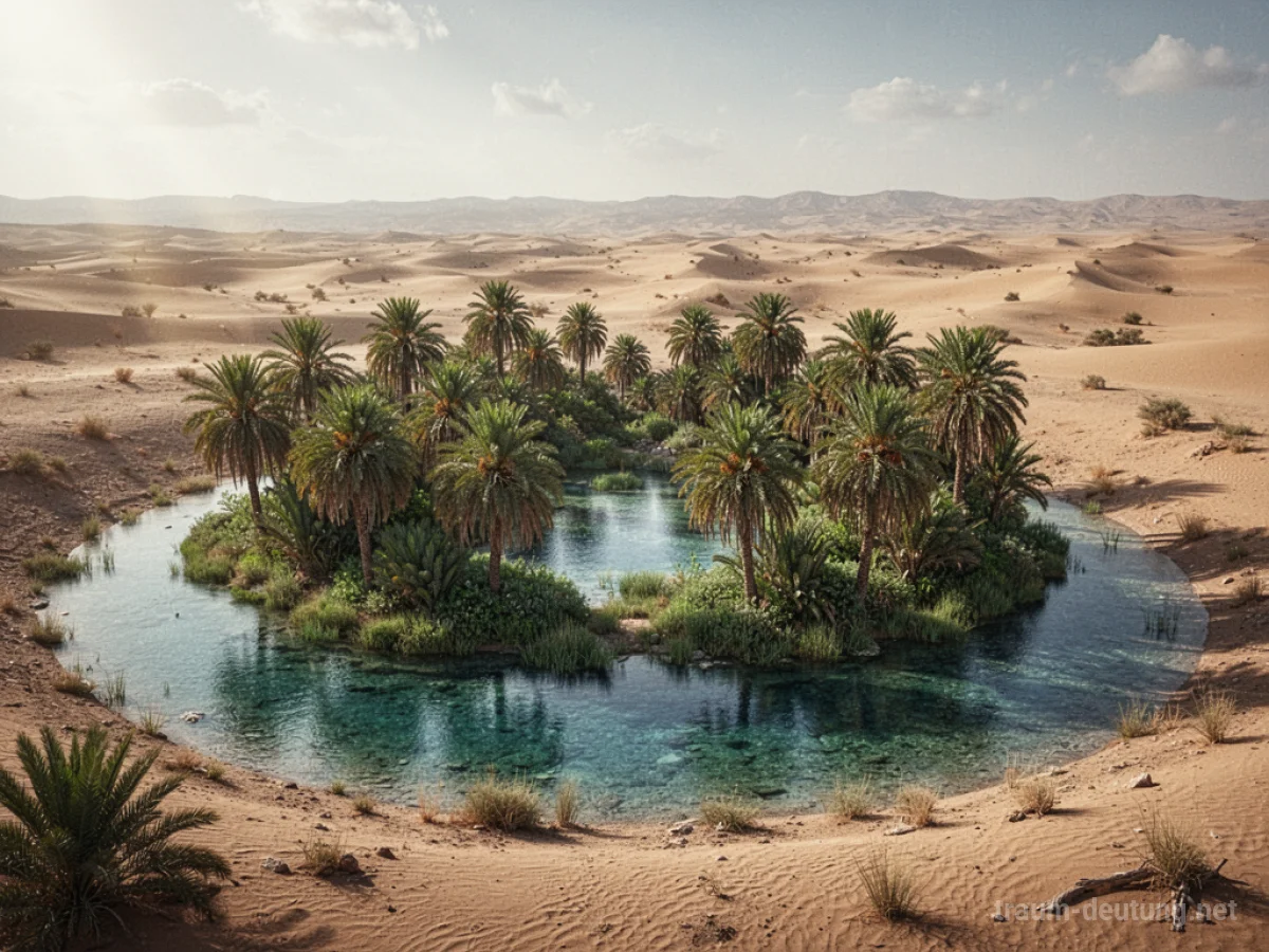 Eine grüne Oase mit Palmen und Wasser inmitten einer trockenen Wüste.