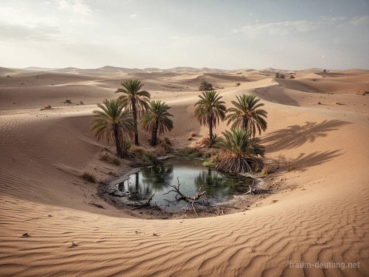 Eine Oase versinkt langsam im Sand unter einem weiten Wüstenhimmel.