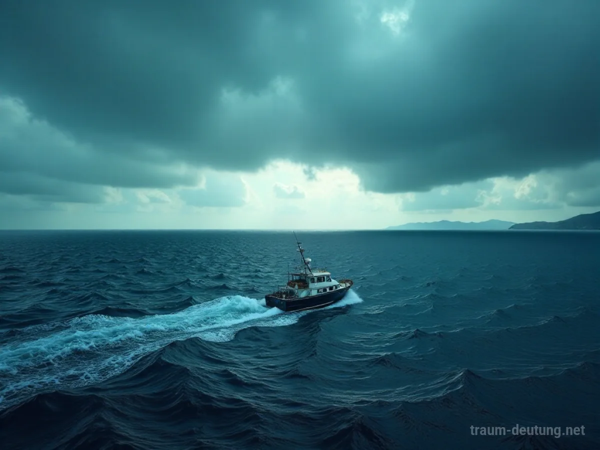 Ein kleines Boot auf einem stürmischen Ozean mit Land am Horizont