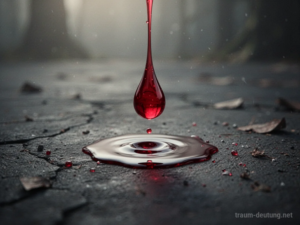 Eine einzelne rote Flüssigkeitstropfen fällt auf dunkle Oberfläche, symbolisiert ein Opfer.