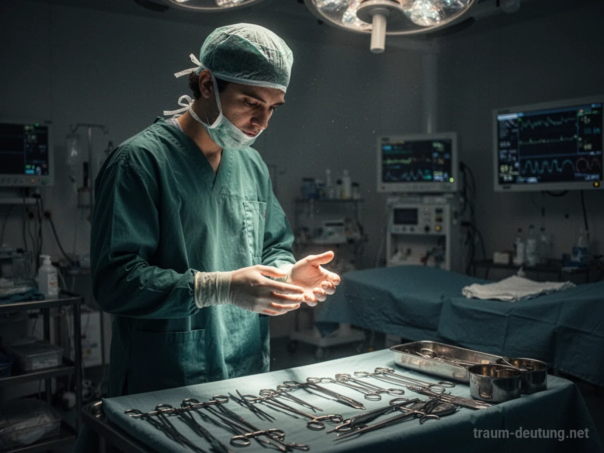 Person in OP-Kleidung mit konzentriertem Blick auf die Hände im Operationssaal