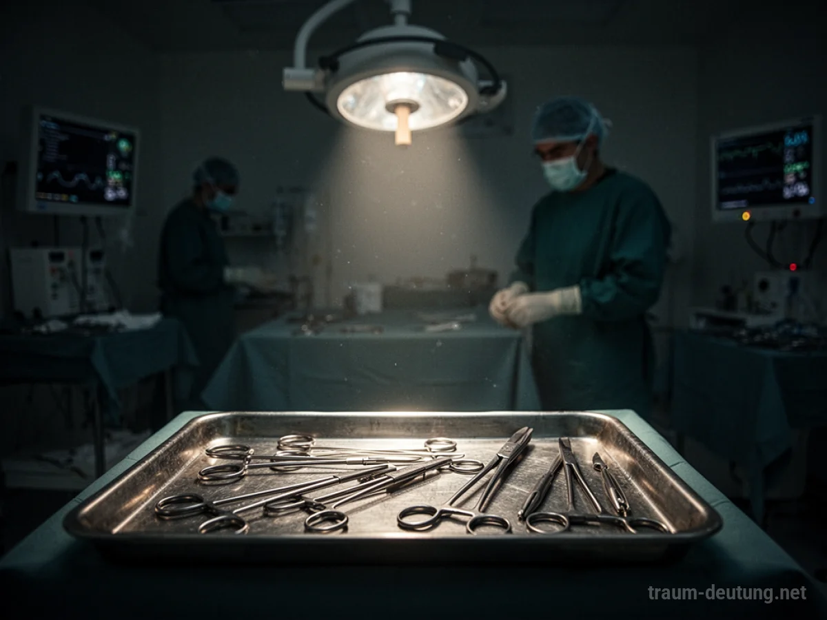 Chirurgische Instrumente auf einem Tisch in einem schattigen Operationssaal